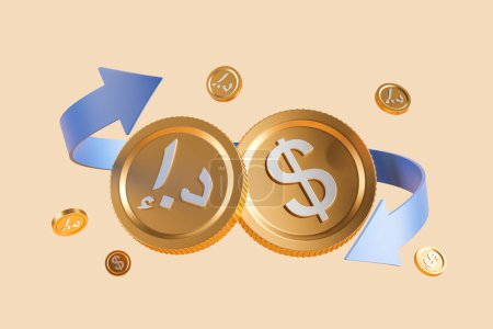 Photo for Big dollar and dirham coins over beige background with arrow. Concept of dirham and dollar exchange rate and international market. 3d rendering - Royalty Free Image