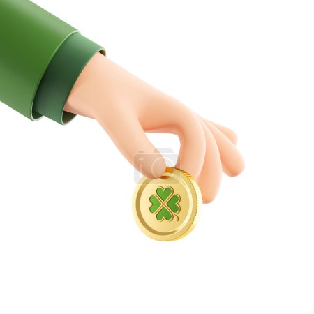 Photo for Cartoon man hand giving a gold coin with clover leaf on white empty background. Leprechaun, St. Patrick's day symbol. Concept of luck, win and lottery. 3D rendering illustration - Royalty Free Image