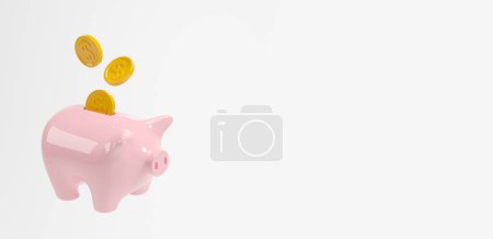 Photo for View of pink piggy bank with falling dollar coins over white copy space background. Concept of money investment, saving and growth. 3d rendering - Royalty Free Image