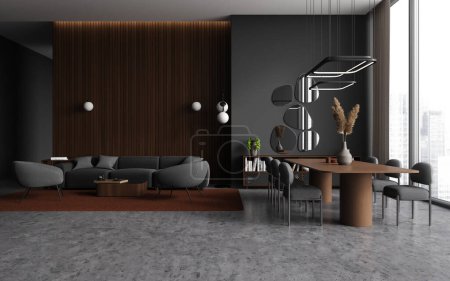 Photo for Dark home living room interior with sofa and eating table with chairs, couch with soft armchairs and coffee table. Lounge zone and panoramic window on skyscrapers. 3D rendering - Royalty Free Image