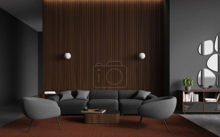 Photo for Interior of stylish living room with gray and wooden walls, concrete floor, comfortable gray couch, two armchairs and square coffee table. 3d rendering - Royalty Free Image