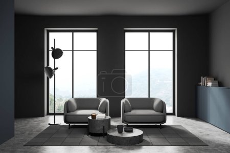 Photo for Interior of stylish living room with gray walls, concrete floor, two comfortable gray armchairs standing near two round coffee tables and blue dresser. 3d rendering - Royalty Free Image