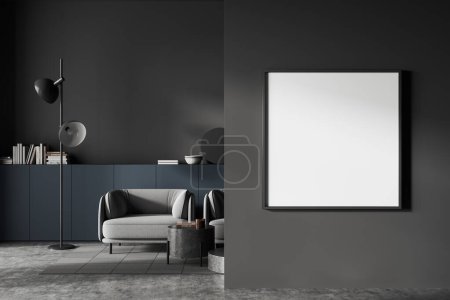 Photo for Dark home living room interior with two soft armchairs with coffee table. Lounge zone with long drawer and art decoration. Mock up square canvas poster on wall partition. 3D rendering - Royalty Free Image