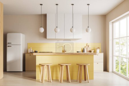 Photo for Beige and yellow hotel kitchen interior with bar island and stool, dining space with fridge, cabinet and kitchenware. Panoramic window on tropics. 3D rendering - Royalty Free Image