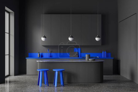 Photo for Black and blue home kitchen interior with bar counter, two stool on grey concrete floor. Cooking space with kitchenware, shelves and panoramic window. 3D rendering - Royalty Free Image