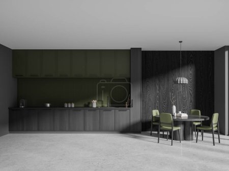 Foto de Cocina casera verde y gris mesa de comedor interior y sillones, suelo de hormigón gris. Cocinar y comer espacio abierto con armario, utensilios de cocina, cafetera y fregadero. Renderizado 3D - Imagen libre de derechos