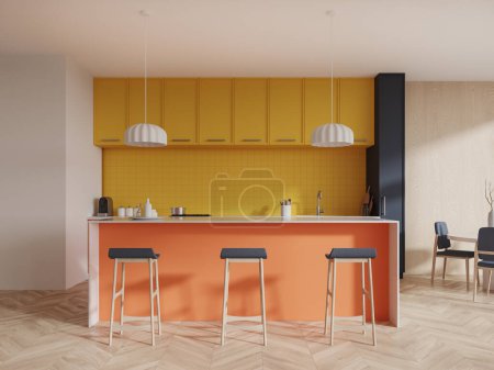 Téléchargez les photos : Intérieur de la cuisine moderne avec murs blancs, plancher en bois, placards jaune vif et comptoir de bar orange confortable avec tabourets. Rendu 3d - en image libre de droit