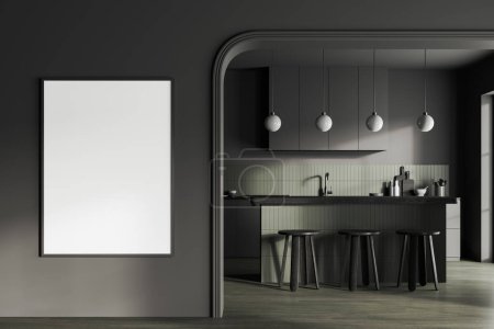 Téléchargez les photos : Intérieur de cuisine sombre avec comptoir de bar et tabouret. Espace de cuisson avec armoire, évier et ustensiles de cuisine. Affiche en toile maquillée sur cloison murale en arc gris. rendu 3D - en image libre de droit