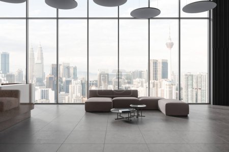 Photo for Modern office or hotel interior lobby with sofa and coffee table, grey granite tile floor. Waiting and meeting space in reception hall with panoramic window on Kuala Lumpur. 3D rendering - Royalty Free Image