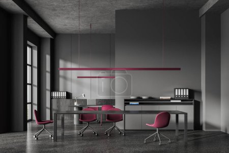 Photo for Dark business room interior with meeting table and chairs, sideboard with folders. Consulting ceo space behind partition with panoramic window. 3D rendering - Royalty Free Image