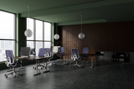 Photo for Dark coworking interior with pc desktop on shared table, drawer with documents. Side view office workplace with panoramic window on Paris skyscrapers. 3D rendering - Royalty Free Image