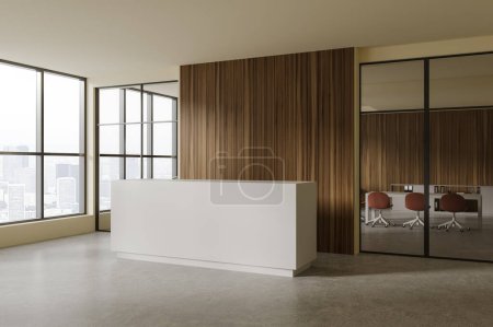 Photo for Cozy office interior with concrete reception desk, side view glass conference room with chairs and board, sideboard with documents. Panoramic window on Paris. Empty wooden wall. 3D rendering - Royalty Free Image