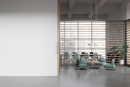 Foto de Interior de la sala de conferencias blanca con espacio de relajación, tablero detrás de la partición y la sala de reuniones con sillones y ventana panorámica en los rascacielos. Simular partición de pared en blanco. Renderizado 3D - Imagen libre de derechos