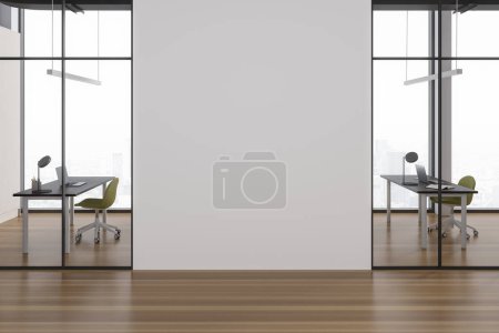 Photo for White glass coworking interior with chairs and desk in row. Learning space, library or business room with laptop and panoramic window on skyscrapers. Mockup empty wall. 3D rendering - Royalty Free Image