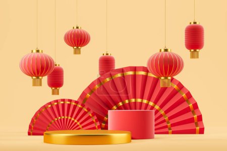 Téléchargez les photos : Vue de deux tables rondes de placement de produits debout sur fond jaune avec des lanternes chinoises rouges et dorées et des ventilateurs en papier. Concept de célébration et de publicité. Rendu 3d - en image libre de droit