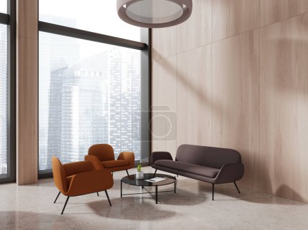 Téléchargez les photos : Intérieur moderne avec canapé marron et deux fauteuils orange, coin réunion ou consultation avec table basse et fenêtre panoramique sur les gratte-ciel de Singapour. rendu 3D - en image libre de droit