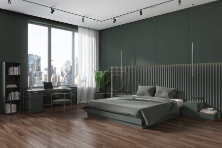 Foto de Dormitorio de color verde oscuro cama interior y espacio de trabajo con escritorio y silla, vista lateral piso de madera. Lujosa sala de relax con ventana panorámica a los rascacielos de Nueva York. Renderizado 3D - Imagen libre de derechos