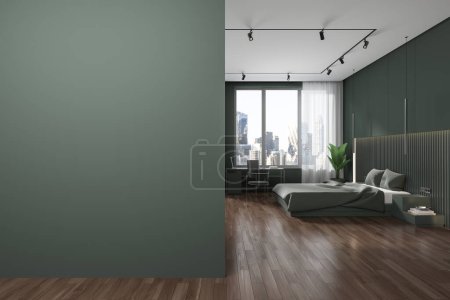 Photo for Dark green home bedroom interior bed and workplace with desk and chair, hardwood floor. Panoramic window on New York. Mockup copy space wall partition. 3D rendering - Royalty Free Image