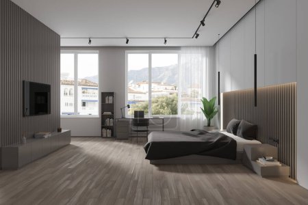 Photo for Interior of modern bedroom with white and gray walls, wooden floor, comfortable king size bed, home office corner with laptop standing on desk and big flat screen TV on wall. 3d rendering - Royalty Free Image