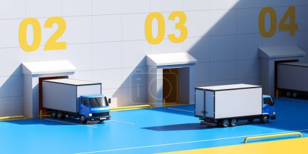 Photo for View of big white and blue warehouse with gates and trucks for goods delivery. Concept of logistics and goods transportation and storage. 3d rendering - Royalty Free Image
