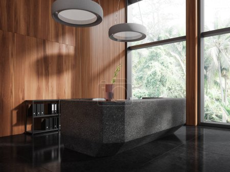 Photo for Dark office interior reception desk with sideboard and folders, side view black tile granite floor and wooden wall. Panoramic window on tropics. 3D rendering - Royalty Free Image