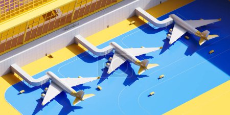Photo for Top view of three airplanes with jet bridge in row, before departure at the airport. Concept of tourism, traveling, boarding and flight. 3D rendering illustration - Royalty Free Image