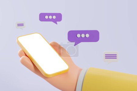 Photo for View of cartoon businessman hand holding smartphone with mock up display and speech bubbles around it. Concept of social media and online communication and chatting. 3d rendering - Royalty Free Image