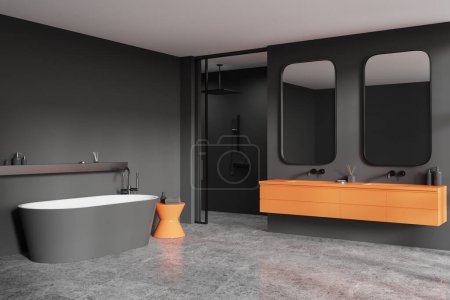 Photo for Corner of stylish bathroom with gray walls, tiled floor, comfortable gray bathtub, walk in shower and orange double sink with two vertical mirrors. 3d rendering - Royalty Free Image