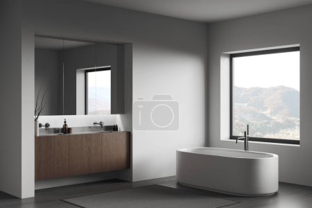 Photo for Corner of stylish bathroom with white walls, concrete floor, comfortable white bathtub and cozy double sink standing on wooden counter with big mirror above it. 3d rendering - Royalty Free Image