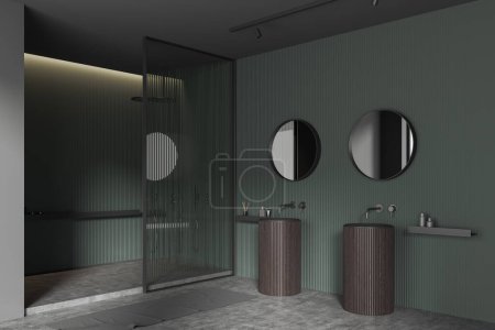Téléchargez les photos : Coin de salle de bain élégante avec des murs verts et gris, sol en béton, douche à l'italienne avec porte vitrée et confortable double lavabo avec deux miroirs ronds. Rendu 3d - en image libre de droit