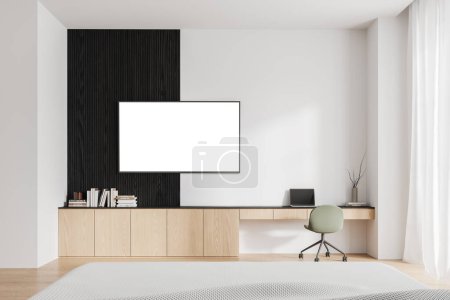 Photo for White bedroom interior with cozy workspace, chair and laptop computer on wooden dresser with decoration. Mock up copy space tv display on wall. 3D rendering - Royalty Free Image