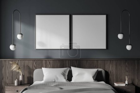 Photo for Interior of stylish bedroom with gray walls, comfortable king size bed with two dark wooden bedside tables and two square mock up posters hanging above bed. 3d rendering - Royalty Free Image