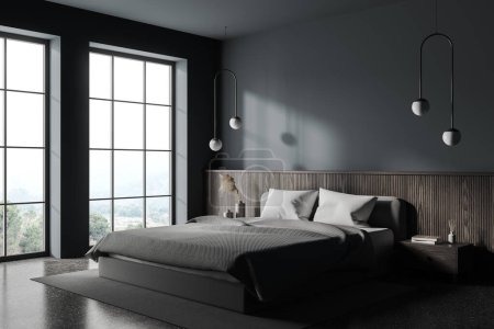 Photo for Corner of stylish bedroom with gray walls, concrete floor, comfortable king size bed with two dark wooden bedside tables and big window. 3d rendering - Royalty Free Image