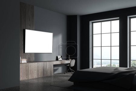 Photo for Corner view of home bedroom interior with workspace, chair and laptop computer on wooden dresser with mock up copy space tv screen on wall. Panoramic window. 3D rendering - Royalty Free Image