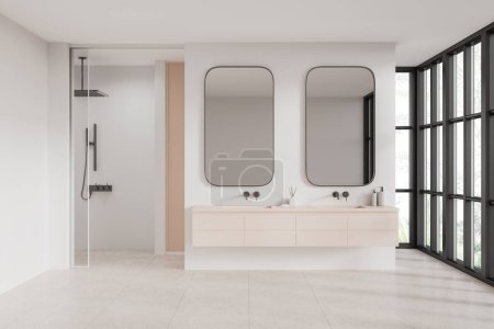 Téléchargez les photos : Intérieur de salle de bain moderne avec murs blancs, sol carrelé, douche à l'italienne et confortable lavabo double beige avec deux miroirs verticaux près de la grande fenêtre. Rendu 3d - en image libre de droit