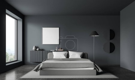 Photo for Dark home bedroom interior bed and grey bedding, drawer with art decoration, carpet on grey granite floor. Sleep room with mock up canvas poster and panoramic window. 3D rendering - Royalty Free Image