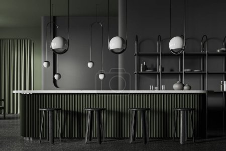 Photo for Dark bar interior with countertop and stool in row, grey concrete floor. Shelf with dishes and bottles. Modern cafe eating space with minimalist furniture. 3D rendering - Royalty Free Image