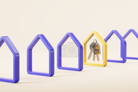 Foto de Casa abstracta en fila con llaves, vista lateral sobre fondo de espacio de copia vacío beige. Concepto de hipoteca, reubicación, crédito y nuevo apartamento. Ilustración de representación 3D - Imagen libre de derechos