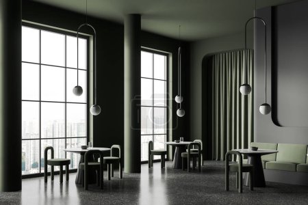 Téléchargez les photos : Coin de restaurant élégant avec des murs gris foncé et vert, sol en béton et tables rondes confortables avec chaises et canapés verts. Rendu 3d - en image libre de droit