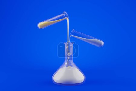 Téléchargez les photos : Tubes à essai en verre versant deux liquides différents dans un bécher chimique, fond bleu foncé. Concept d'équipement de laboratoire, laboratoire, chimie et expérimentation. Illustration de rendu 3D - en image libre de droit