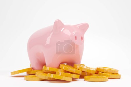 Photo for Piggy ceramic moneybox with pile of gold coins on empty white background. Concept of income, savings and financial investment. 3D rendering illustration - Royalty Free Image