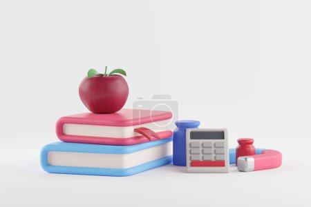 Photo for Pile of books with red apple, calculator, weights and magnet on copy space empty background. Concept of science, math and physics. 3D rendering illustration - Royalty Free Image