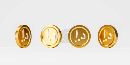 Foto de Cuatro monedas dirham de oro de diferentes ángulos, fondo gris. Concepto de emiratos árabes unidos, moneda nacional y dinero. Ilustración de representación 3D - Imagen libre de derechos