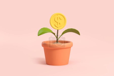 Téléchargez les photos : Vue de la petite plante avec pièce de monnaie dollar croissant en pot sur fond rose. Concept d'investissement monétaire, d'épargne et de croissance. Rendu 3d - en image libre de droit