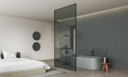 Foto de Interior de dormitorio moderno con paredes blancas y grises, suelo de hormigón, cómoda cama king size y baño con acogedora bañera gris al lado. renderizado 3d - Imagen libre de derechos