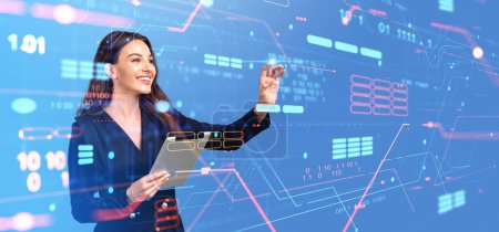 Photo for Woman programmer with tablet finger touching virtual screen, big data processing server with glowing binary code and abstract lines. Concept of IT specialist and engineer - Royalty Free Image