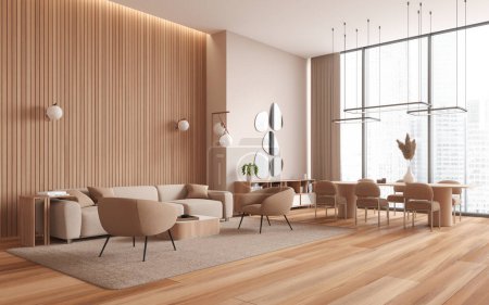 Photo for Wooden home living room interior with sofa and armchairs, side view dining table with chairs and sideboard. Relax corner and panoramic window on skyscrapers. 3D rendering - Royalty Free Image