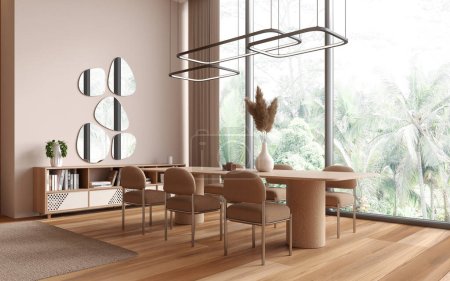 Interior of modern dining room with beige walls, wooden floor, long dining table with chairs standing near panoramic window and several mirrors hanging above dresser. 3d rendering