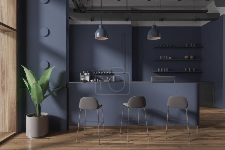 Foto de Interior de la elegante cafetería con paredes azules, suelo de madera, cómodo mostrador de bar azul con taburetes y estantes con tazas de café. renderizado 3d - Imagen libre de derechos