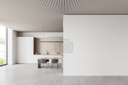 Photo for Interior of modern kitchen with white walls, concrete floor, comfortable white and beige cupboards and cabinets, long dining table with chairs and mock up wall on the right. 3d rendering - Royalty Free Image